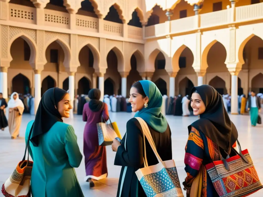 Un bullicioso mercado en una ciudad del Medio Oriente, con mujeres vistiendo colorida ropa tradicional islámica