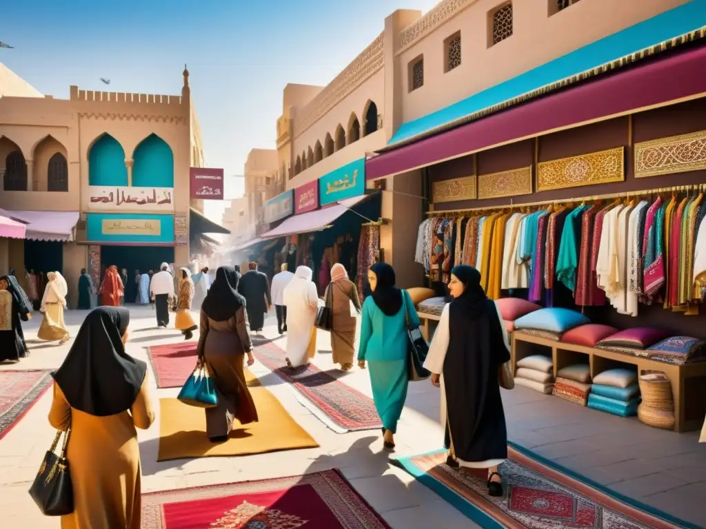 Un bullicioso mercado en una ciudad del Medio Oriente, con mujeres en ropa islámica tradicional examinando prendas de moda occidental