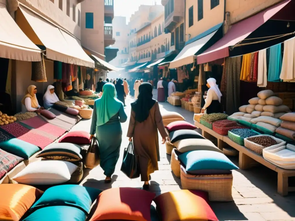 Un bullicioso mercado en una ciudad del Medio Oriente, con mujeres vestidas con atuendos islámicos participando en diversas actividades económicas