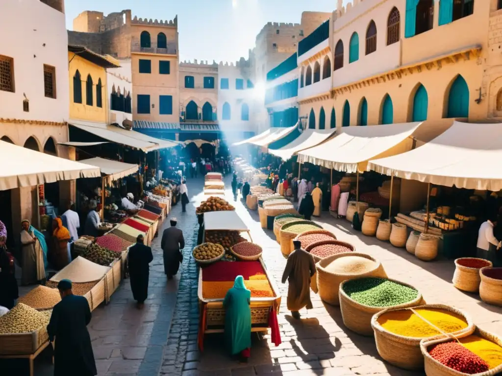 Un bullicioso mercado en una ciudad del norte de África, con calles estrechas y coloridos puestos de especias, textiles y artesanías