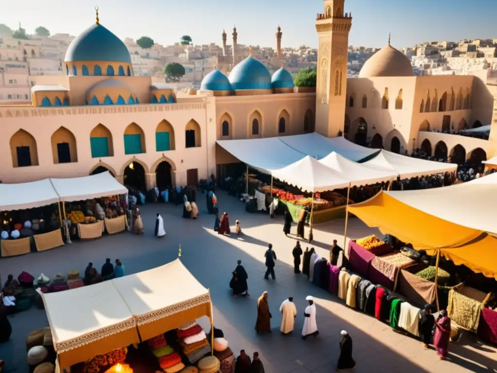 Un bullicioso mercado en una ciudad del norte de África, donde personas de diferentes religiones interactúan pacíficamente