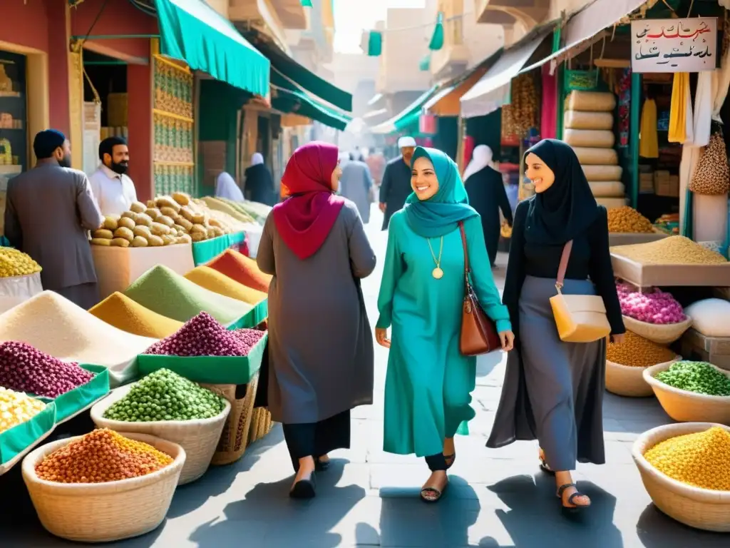 Un bullicioso mercado en una ciudad del Medio Oriente, donde mujeres con coloridos hiyabs participan activamente en diversas ocupaciones