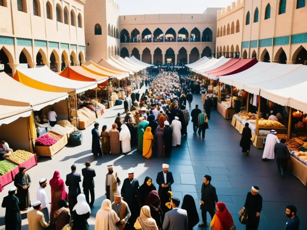 Un bullicioso mercado en una ciudad del Medio Oriente, donde la coexistencia en sociedades islámicas se refleja en la diversidad de personas, colores y culturas