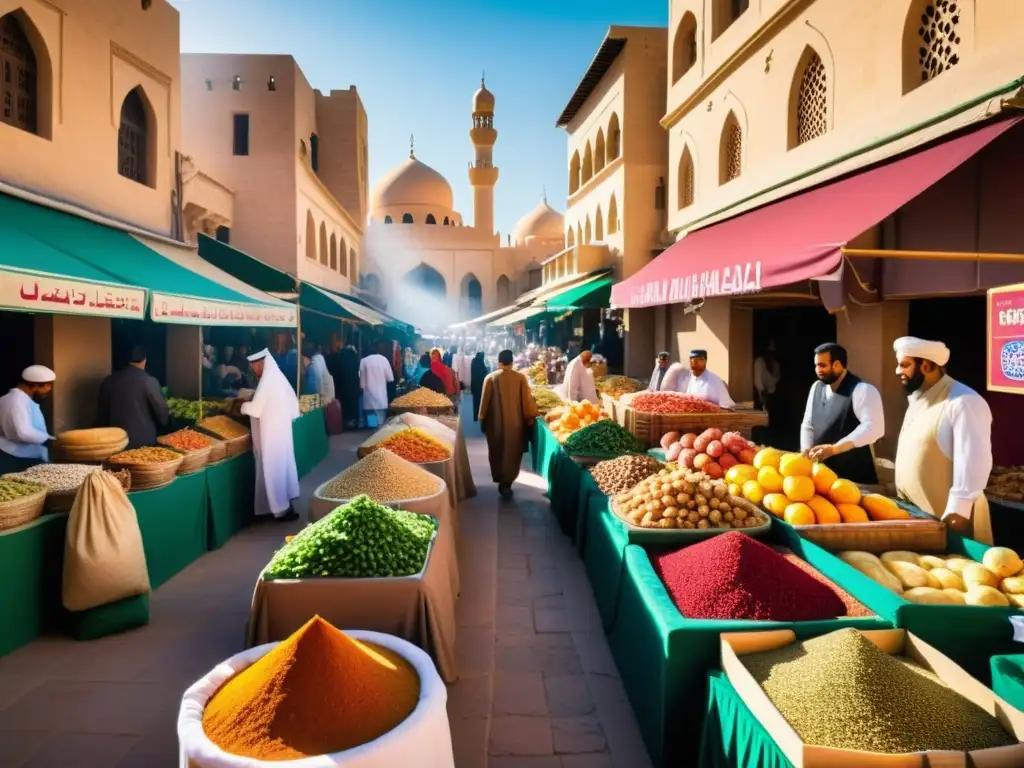 Un bullicioso mercado en una ciudad del Medio Oriente, repleto de vendedores ofreciendo una colorida variedad de alimentos y especias Halal