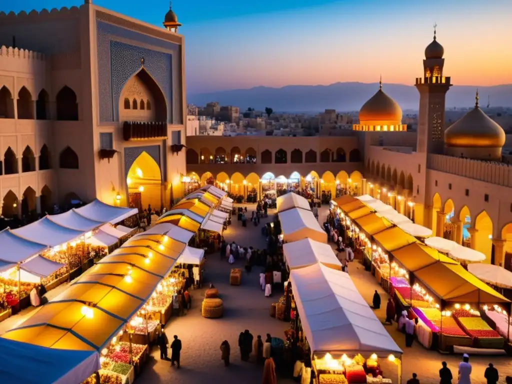 Un bullicioso mercado en una ciudad del Medio Oriente al anochecer, con colores vibrantes y elementos tradicionales y modernos