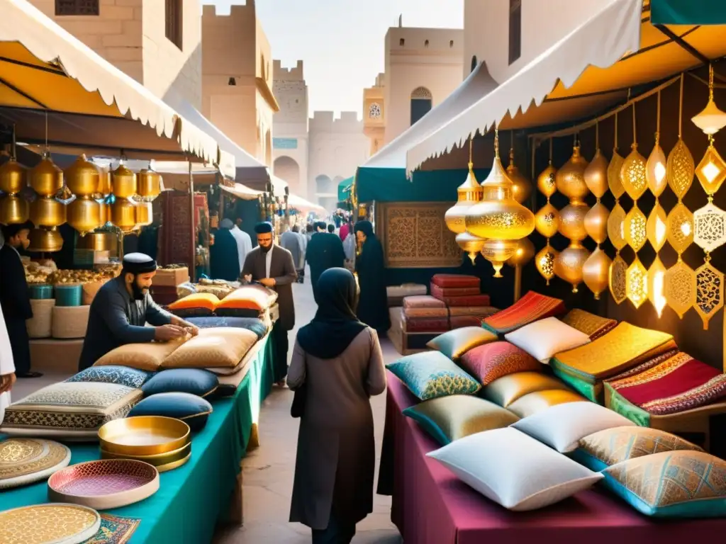 Un bullicioso mercado en una ciudad del Medio Oriente, repleto de colores vibrantes y patrones intrincados