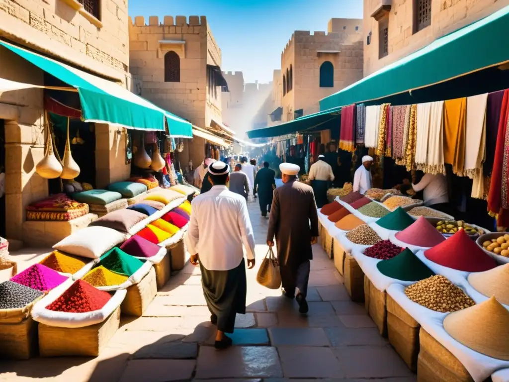 Un bullicioso mercado en una ciudad del Medio Oriente, lleno de vendedores de textiles coloridos, especias y productos hechos a mano