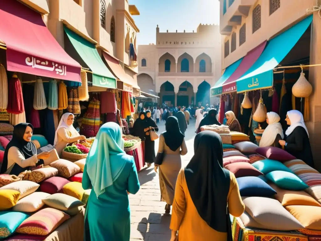 Un bullicioso mercado en una ciudad del Medio Oriente, donde mujeres con hijabs y ropa tradicional participan en actividades económicas