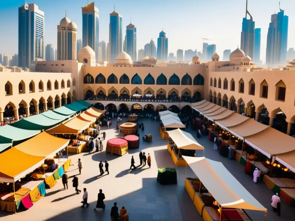 Un bullicioso mercado en una ciudad del Medio Oriente, con patrones geométricos y textiles coloridos