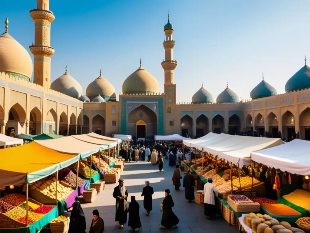 Un bullicioso mercado en una ciudad iraní, con personas en ropa islámica tradicional comprando y vendiendo bienes, mientras la famosa mezquita de la ciudad se yergue en el fondo