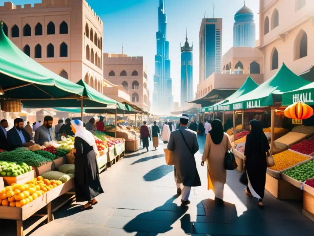 Un bullicioso mercado en una ciudad del Medio Oriente ofrece productos halal, creando una atmósfera cálida y acogedora