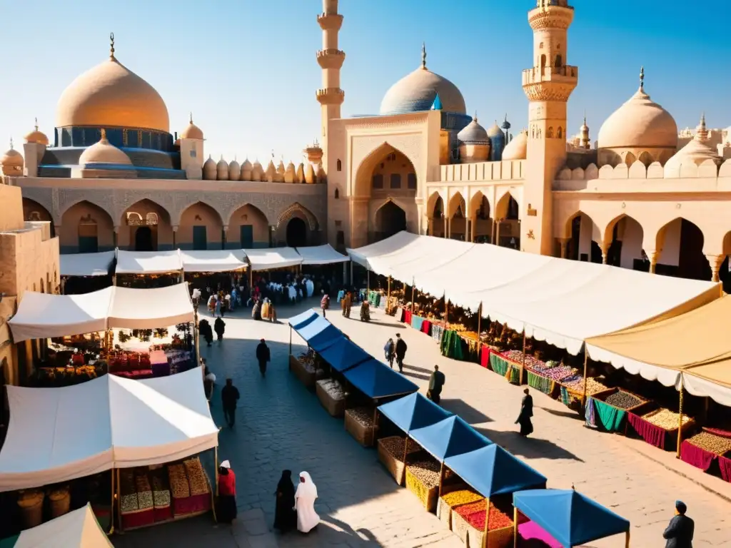 Un bullicioso mercado en una ciudad del Medio Oriente, con productos financieros halal para caridad islámica