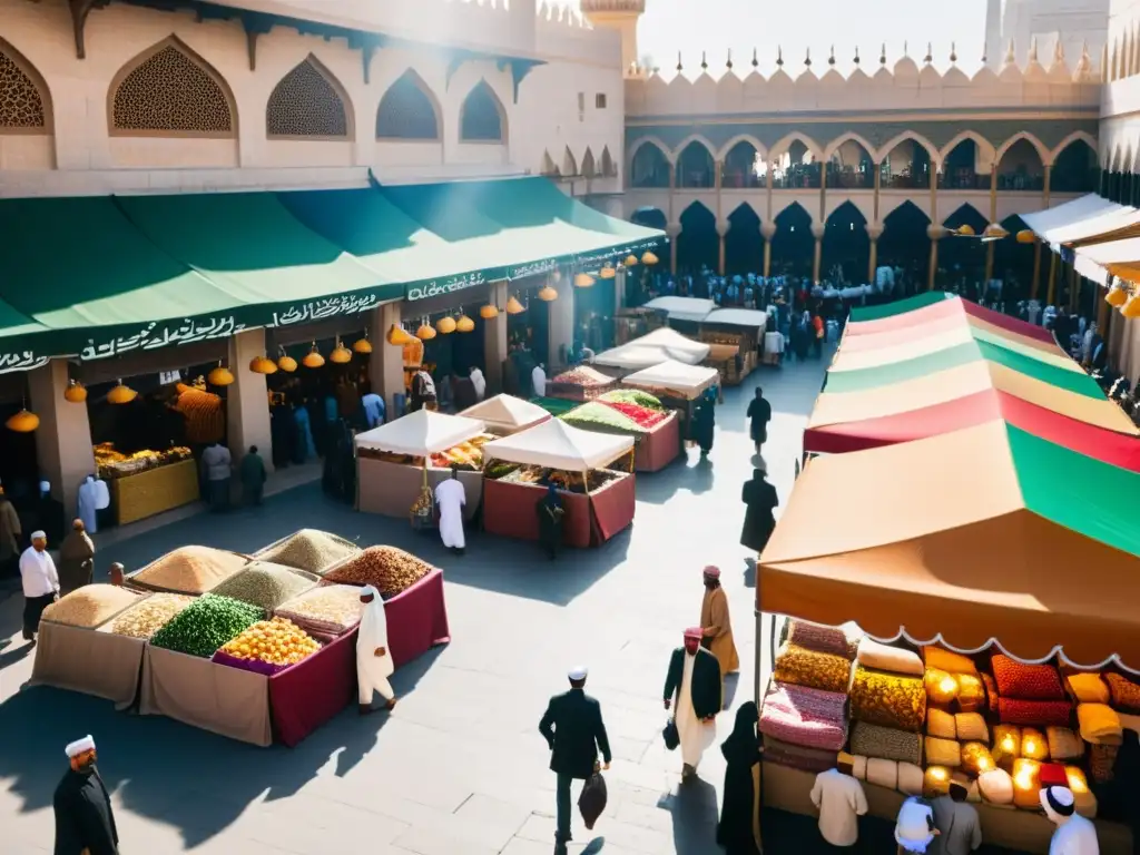 Mercado halal: productos financieros éticos en una ciudad oriental Un bullicioso mercado en una ciudad del Medio Oriente, con productos financieros halal y una atmósfera vibrante de justicia económica