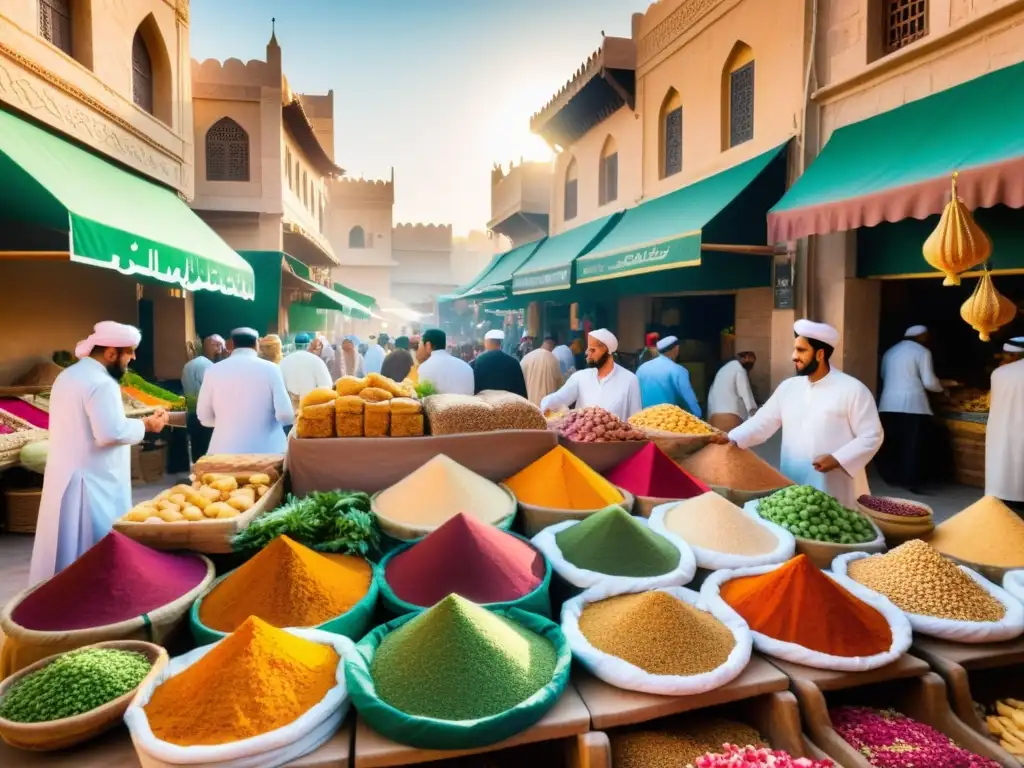 Un bullicioso mercado en una ciudad del Medio Oriente, con productos halal vibrantes y clientes negociando