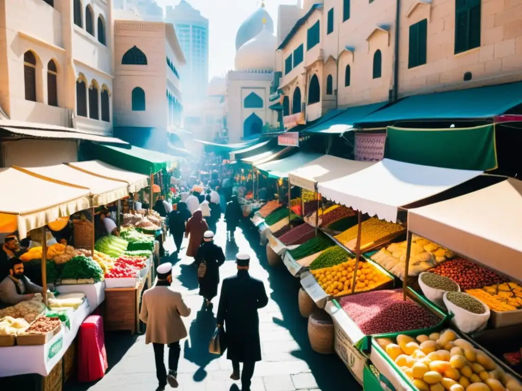 Un bullicioso mercado en una ciudad del Medio Oriente, con puestos coloridos ofreciendo productos halal