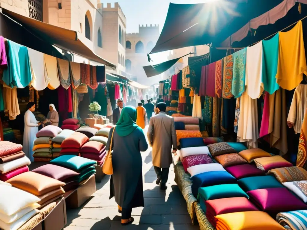 Un bullicioso mercado en una ciudad del Medio Oriente, con puestos de ropa y accesorios halal