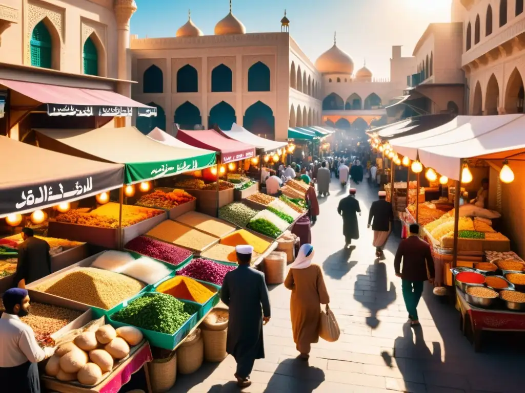 Un bullicioso mercado en una ciudad del Medio Oriente, con puestos de comida y especias halal