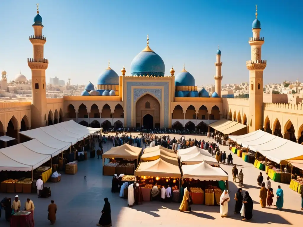 Un bullicioso mercado en una ciudad del Medio Oriente, con puestos coloridos vendiendo diversos productos, gente ocupada y minaretes de mezquitas al fondo, bajo un cielo azul claro con el sol dorado