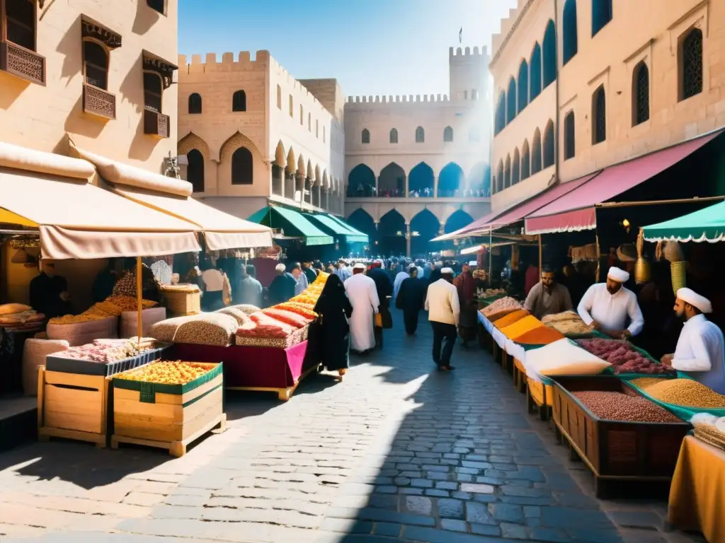 Un bullicioso mercado en una ciudad del Medio Oriente, con puestos vibrantes y productos halal