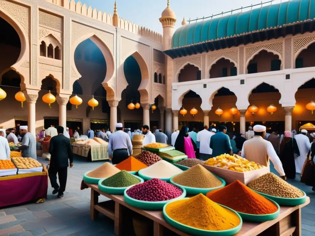 Un bullicioso mercado en una ciudad del Medio Oriente, con puestos coloridos de comida halal