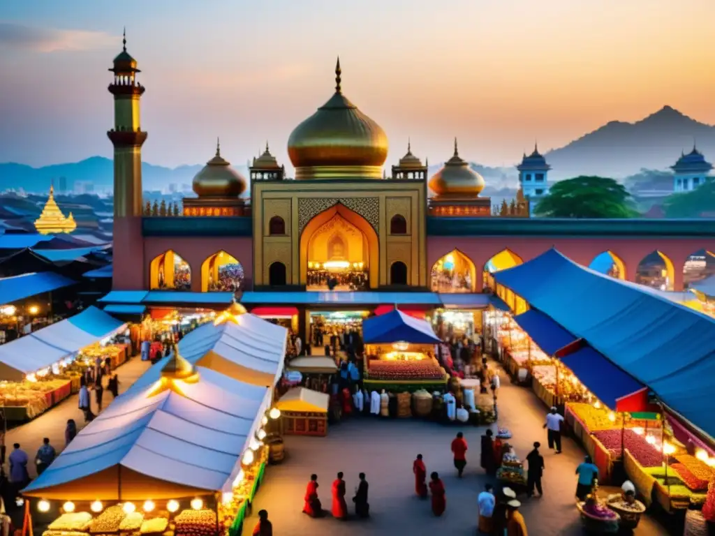 Un bullicioso mercado en una ciudad del sudeste asiático, con edificios tradicionales coloridos y una multitud diversa vistiendo ropa tradicional