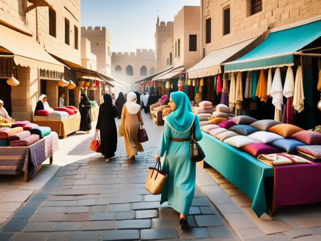 Un bullicioso mercado en una ciudad del Medio Oriente, con telas coloridas y mujeres elegantes en hiyab