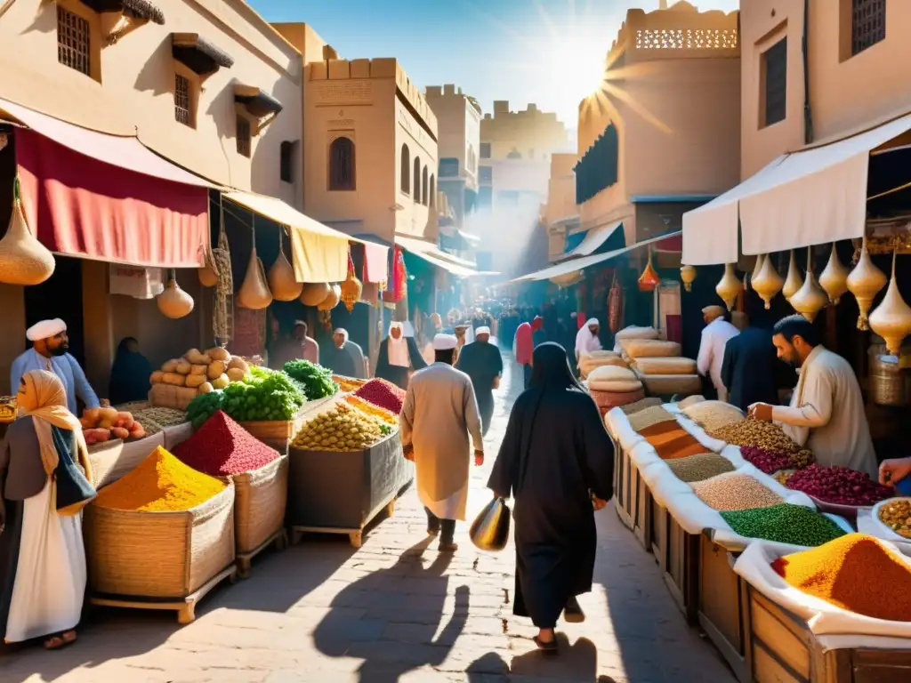 Un bullicioso mercado en una ciudad del Medio Oriente, con textiles coloridos, vendedores de especias y frutas, y una mezcla de locales y turistas