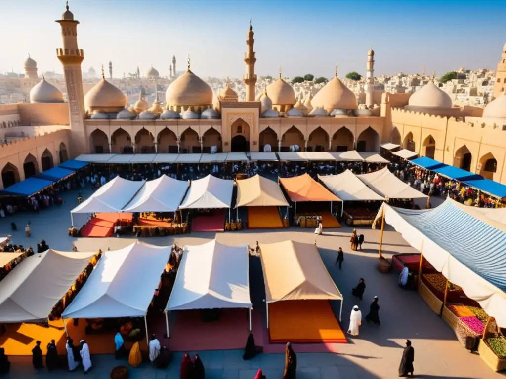 Un bullicioso mercado en una ciudad del Medio Oriente, con textiles coloridos, vendedores de especias y gente realizando actividades diarias