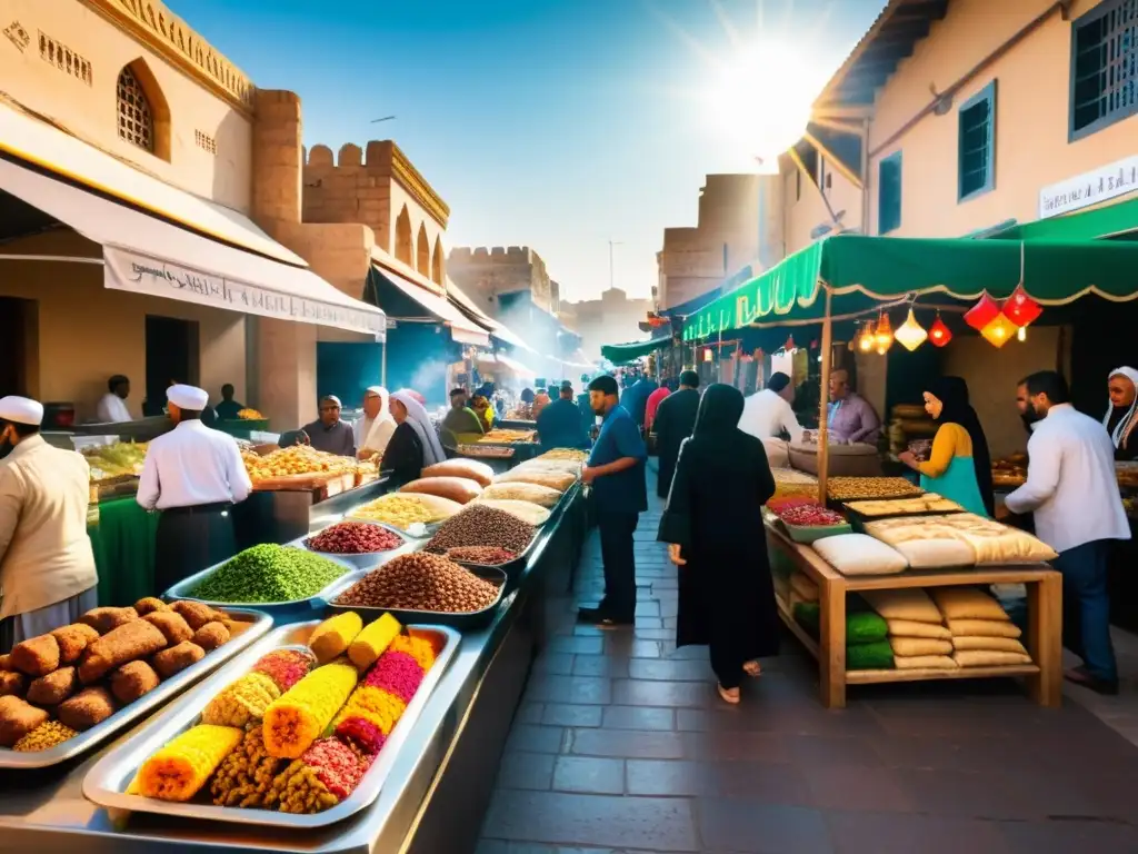 Un bullicioso mercado en una ciudad del Medio Oriente, con vendedores ofreciendo una colorida variedad de alimentos halal