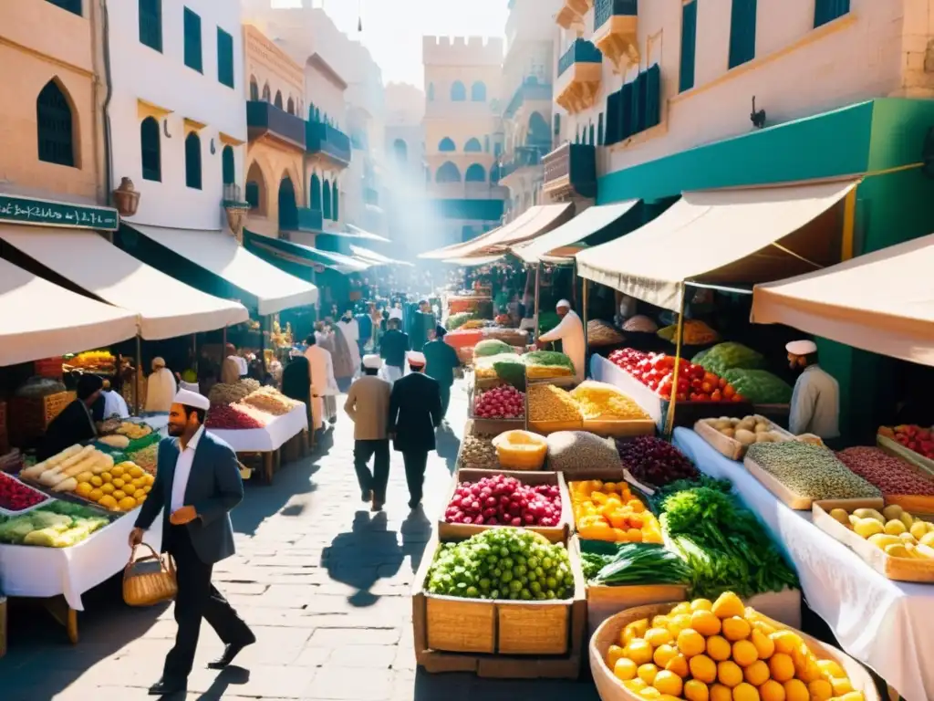 Un bullicioso mercado en una ciudad del Medio Oriente, con vendedores ofreciendo una variedad de frutas, verduras y especias