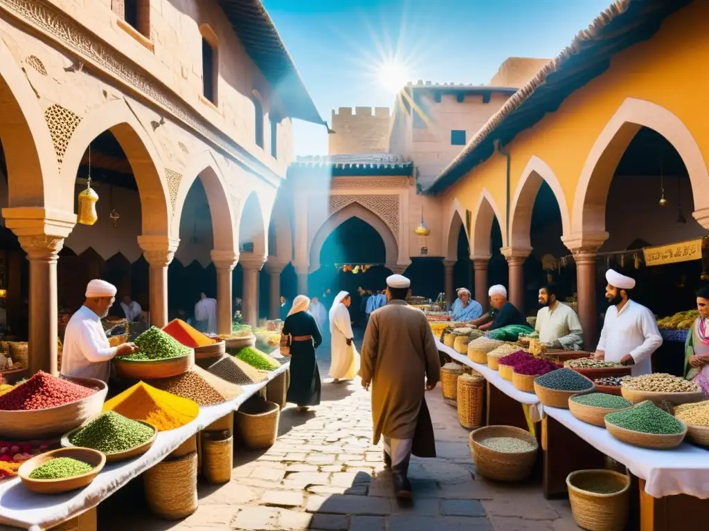 Un bullicioso mercado en una ciudad del Medio Oriente, con vendedores ofreciendo hierbas, especias y remedios tradicionales