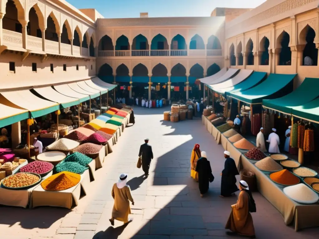 Un bullicioso mercado en una ciudad del Medio Oriente, con vendedores ofreciendo textiles coloridos, especias y bienes tradicionales