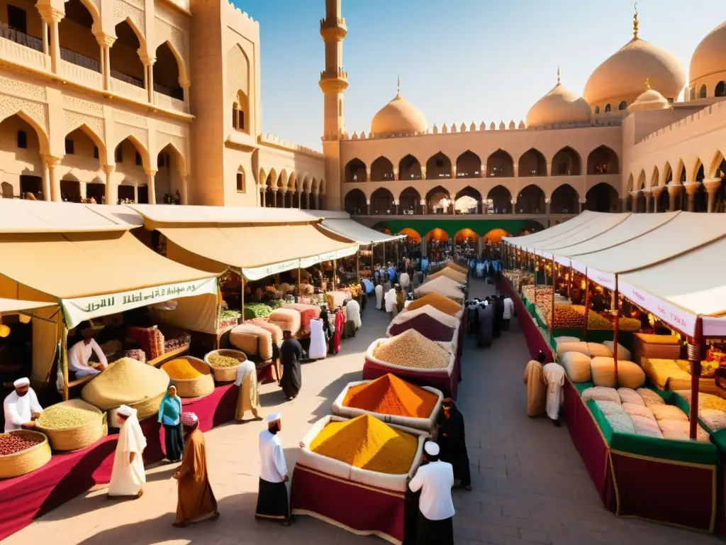 Un bullicioso mercado en una ciudad del Medio Oriente, con vendedores ofreciendo productos halal como especias, textiles y artesanías tradicionales