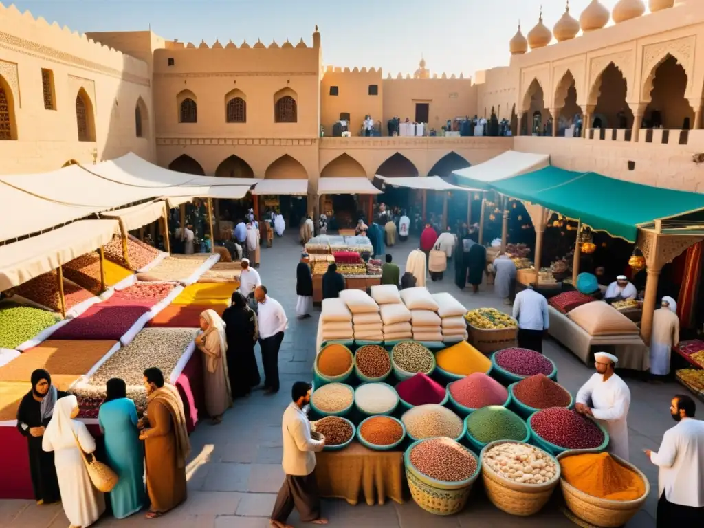 Un bullicioso mercado en una ciudad del Medio Oriente, con vendedores ofreciendo textiles coloridos, especias y productos hechos a mano