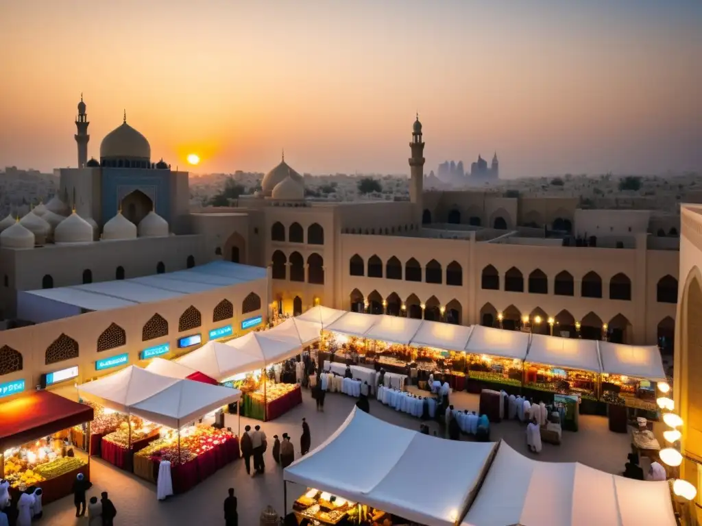 Un bullicioso mercado en una ciudad del Medio Oriente, con vendedores ofreciendo una variedad de productos financieros halal bajo la luz del sol poniente