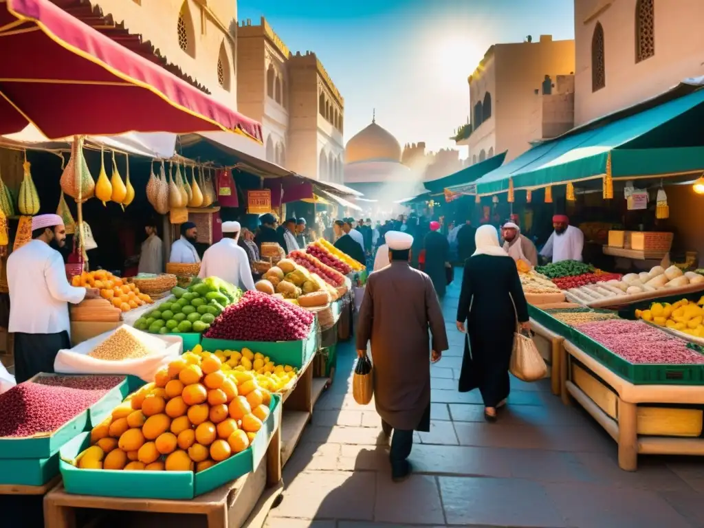 Un bullicioso mercado en una ciudad del Medio Oriente, con vendedores ofreciendo una colorida variedad de frutas frescas, especias y carnes halal