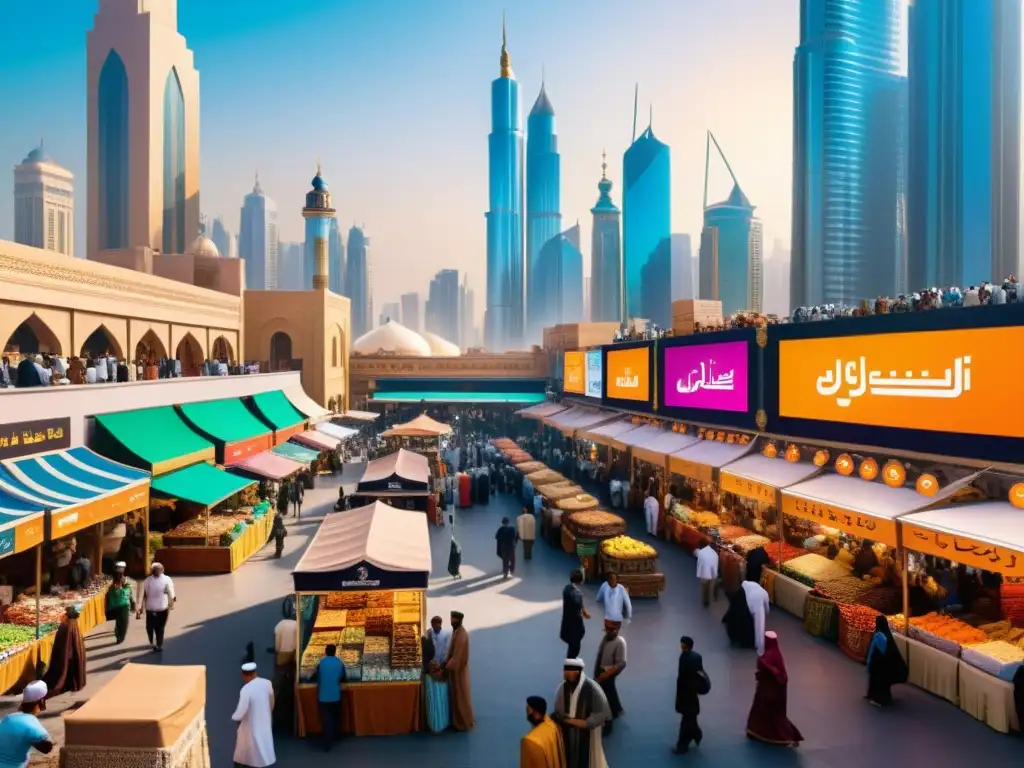 Mercado bullicioso en ciudad del Medio Oriente con criptomonedas Un bullicioso mercado en una ciudad del Medio Oriente, con vendedores y compradores entre rascacielos y vallas publicitarias de criptomonedas