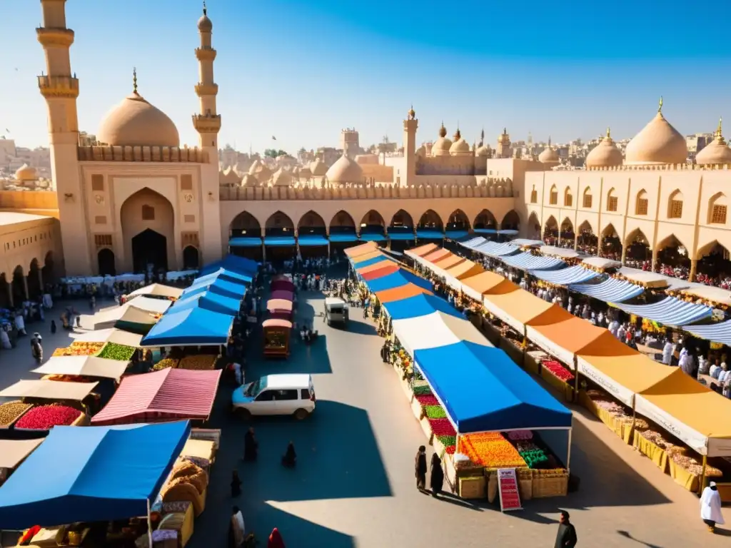 Un bullicioso mercado en una ciudad del Medio Oriente, con vendedores ofreciendo una vibrante variedad de productos certificados halal, como especias, frutas y carnes