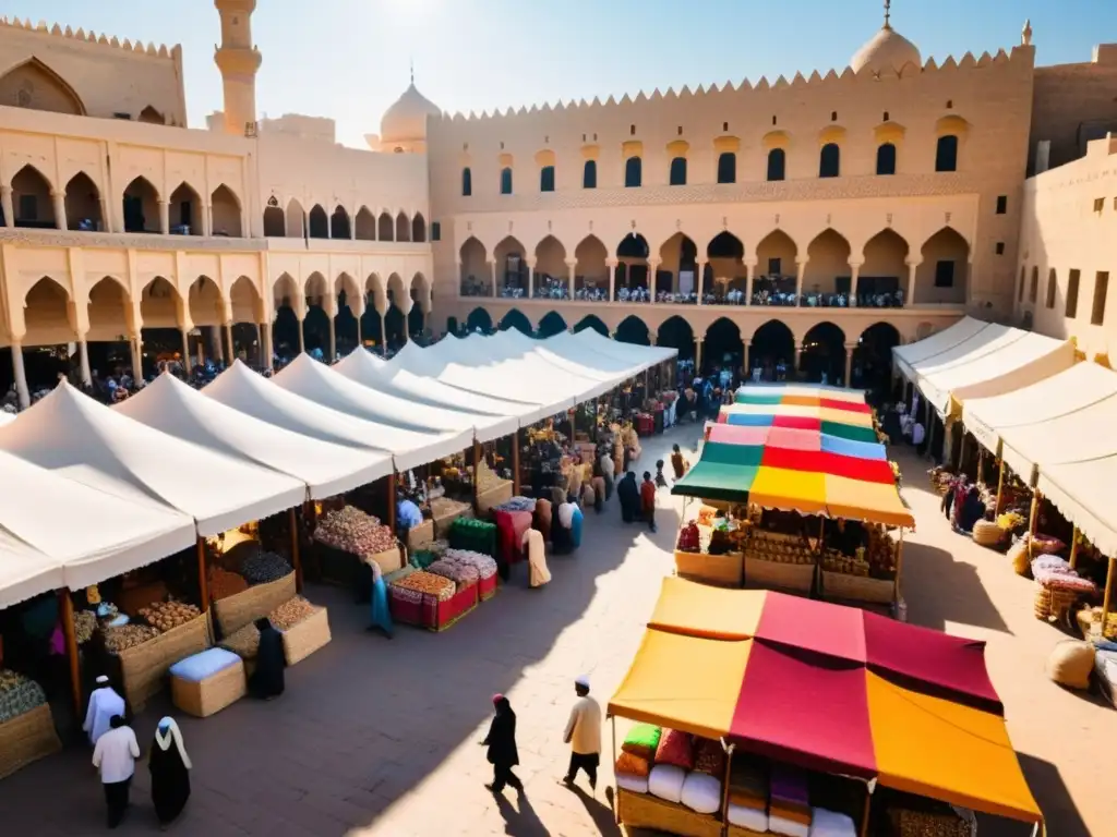 Un bullicioso mercado en una ciudad del Medio Oriente, con vendedores ofreciendo textiles coloridos, especias y artesanías hechas a mano