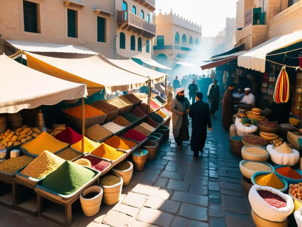 Un bullicioso mercado en una ciudad del Medio Oriente, con vendedores ofreciendo especias, textiles y cerámica colorida bajo el cálido sol