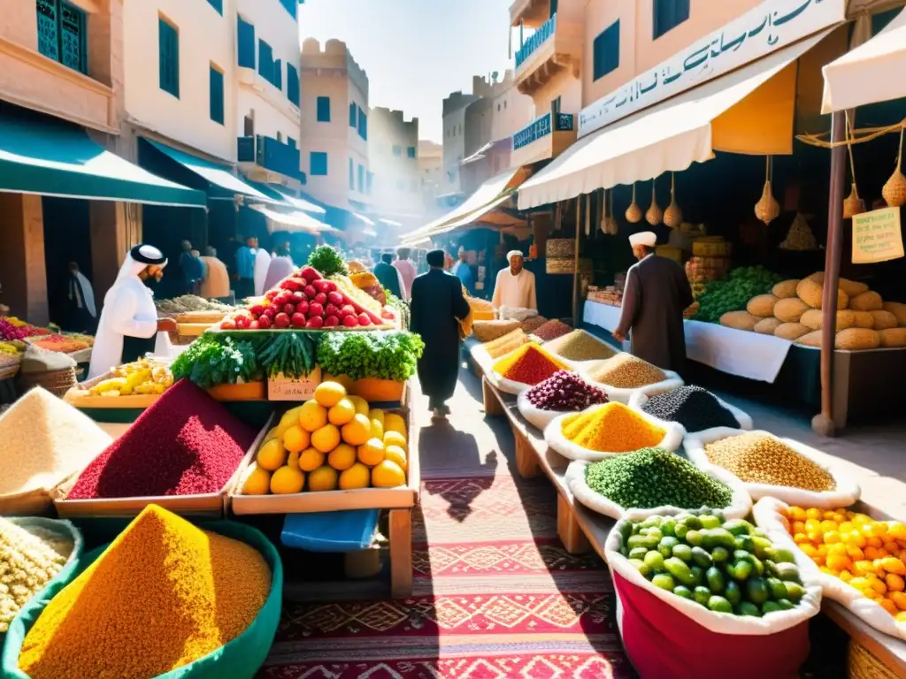 Un bullicioso mercado en una ciudad del Medio Oriente, con vendedores ofreciendo frutas, verduras y especias coloridas