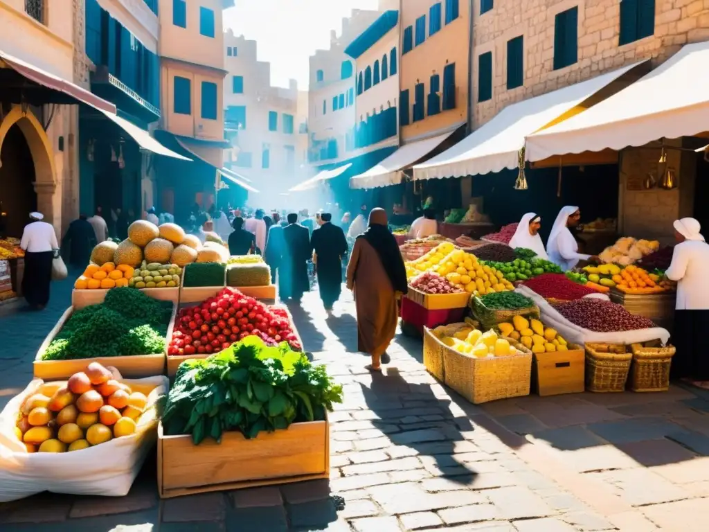 Un bullicioso mercado en una ciudad del Medio Oriente, con vendedores ofreciendo una colorida variedad de frutas, verduras y especias