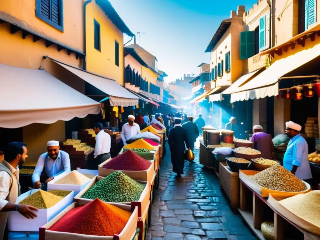 Un bullicioso mercado en una ciudad vibrante de un país predominantemente islámico, con puestos de café, especias y expresiones animadas