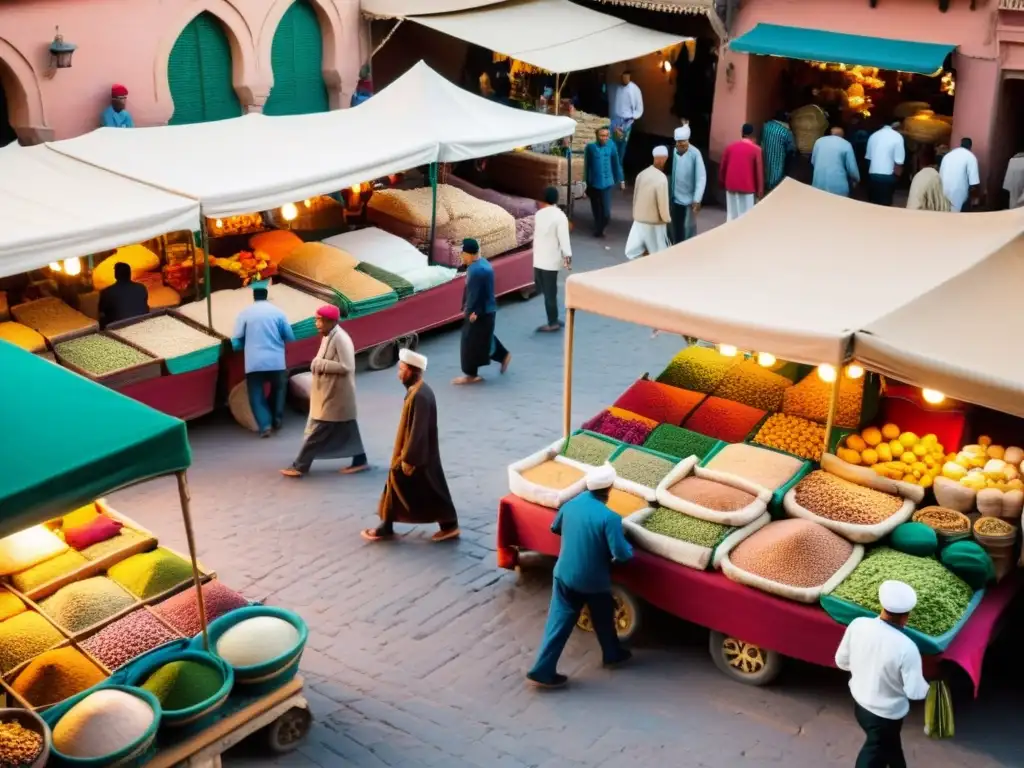 Un bullicioso mercado en Marrakech, Marruecos, con colores vibrantes y patrones intrincados