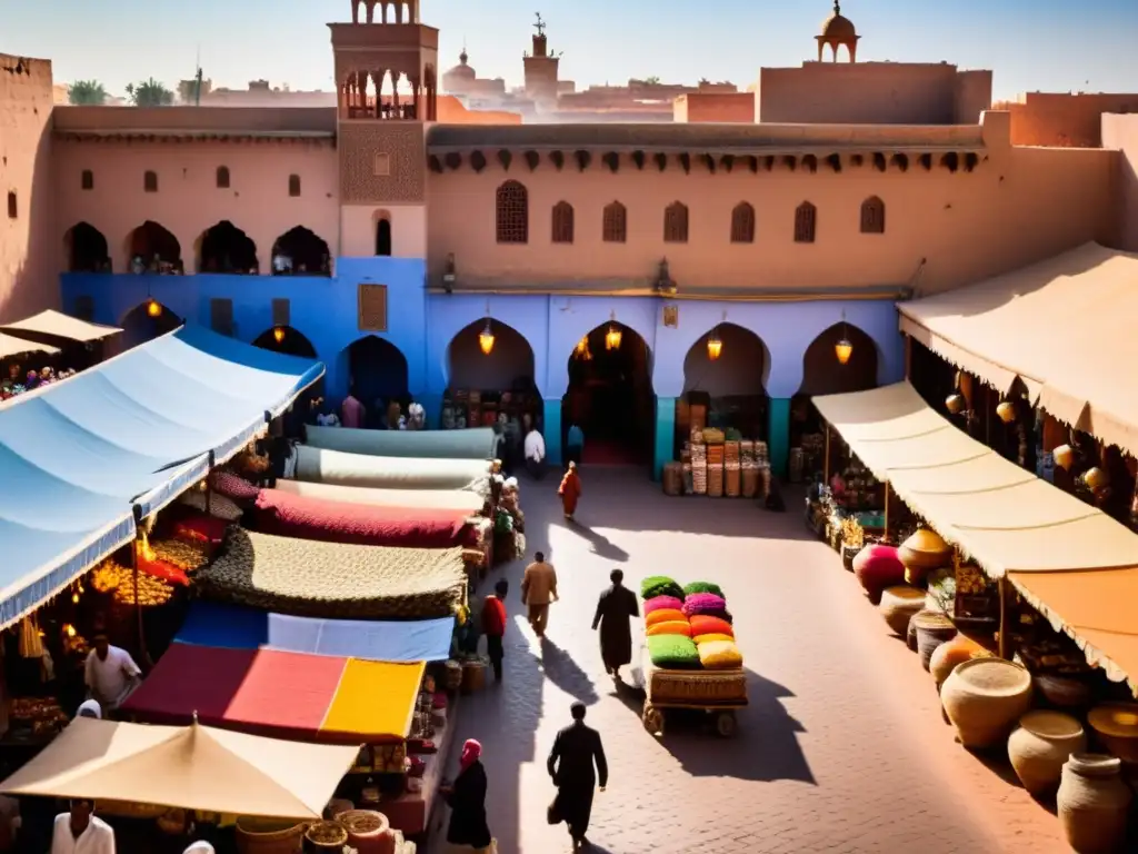 Un bullicioso mercado en Marrakech, Marruecos, con colores vibrantes y patrones intrincados