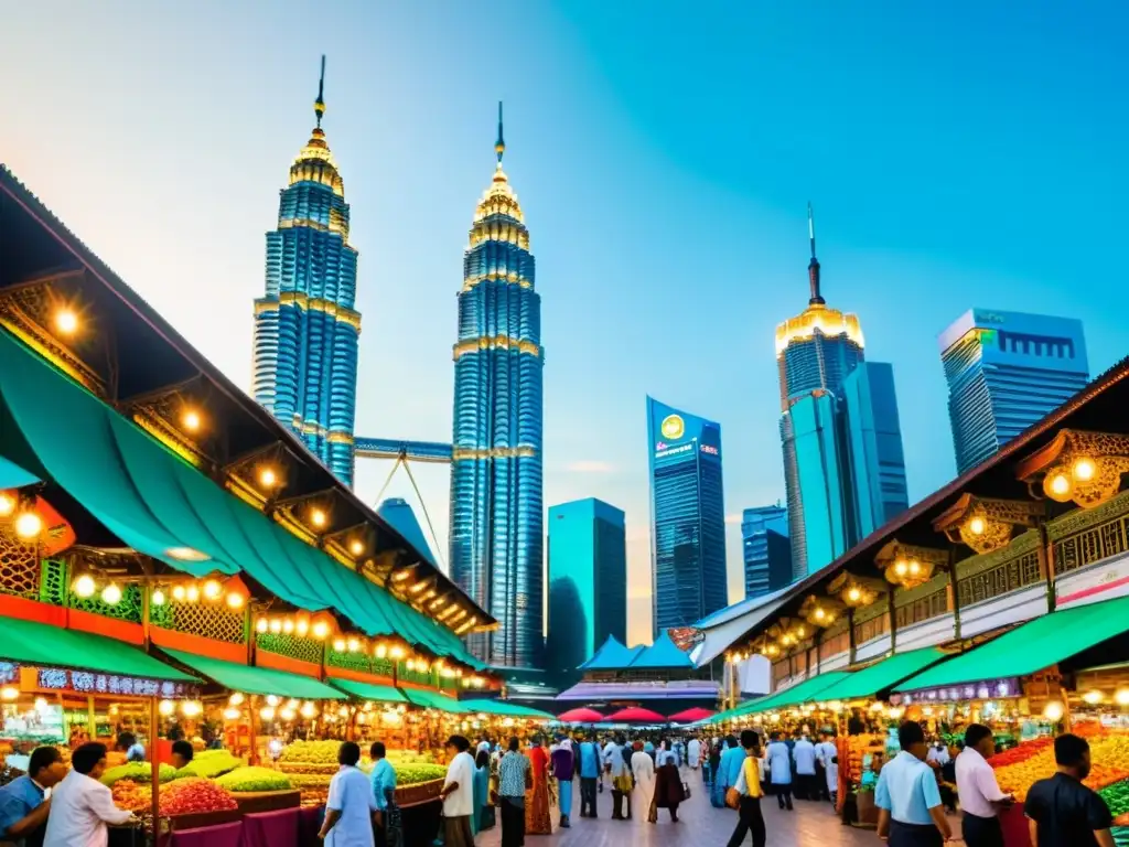 Un bullicioso mercado en Kuala Lumpur, con colores vibrantes y detalles intrincados que capturan la diversidad y energía de la ciudad