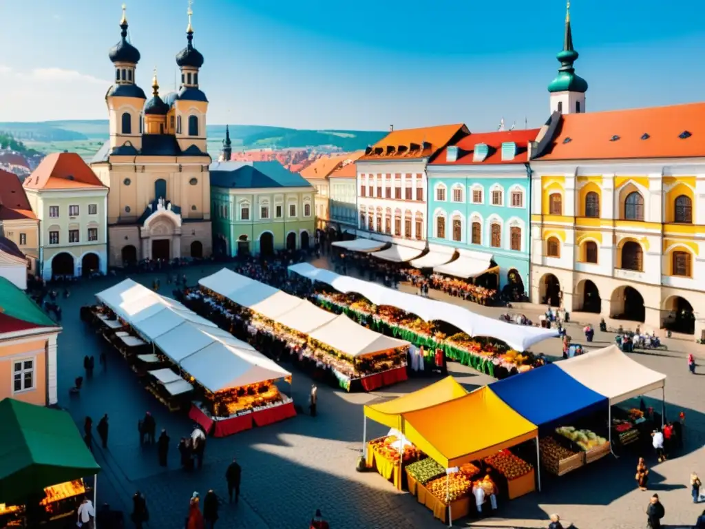 Un bullicioso mercado en Europa del Este, con colores vibrantes y coexistencia musulmana en Europa del Este