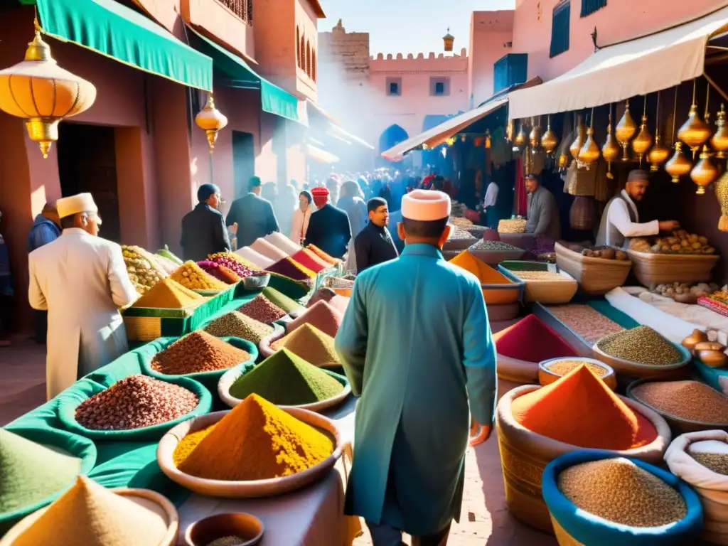 Un bullicioso mercado en Marrakech, Marruecos, con colores vibrantes y diversidad cultural en el mundo islámico