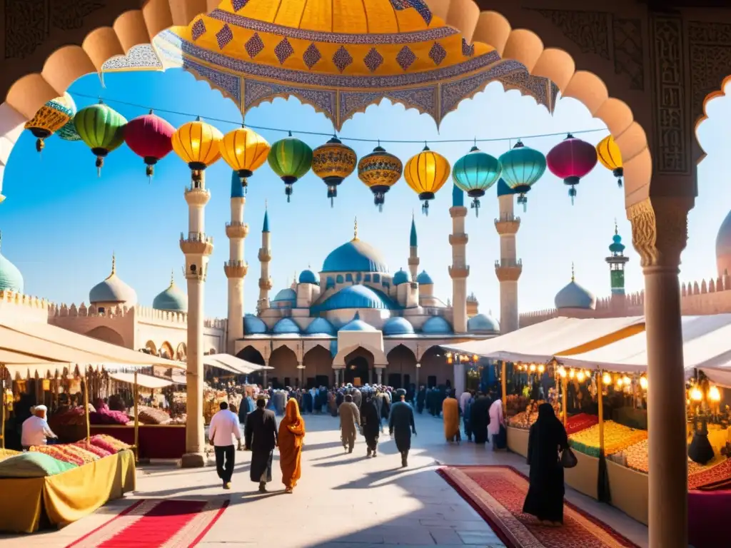 Un bullicioso mercado del Medio Oriente con coloridas alfombras, exquisitas linternas y gente animada