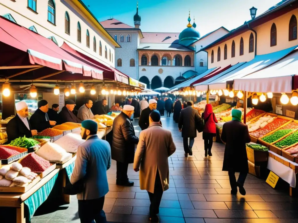 Un bullicioso mercado de Sarajevo con coloridos puestos de carne halal, especias y platos bosnios